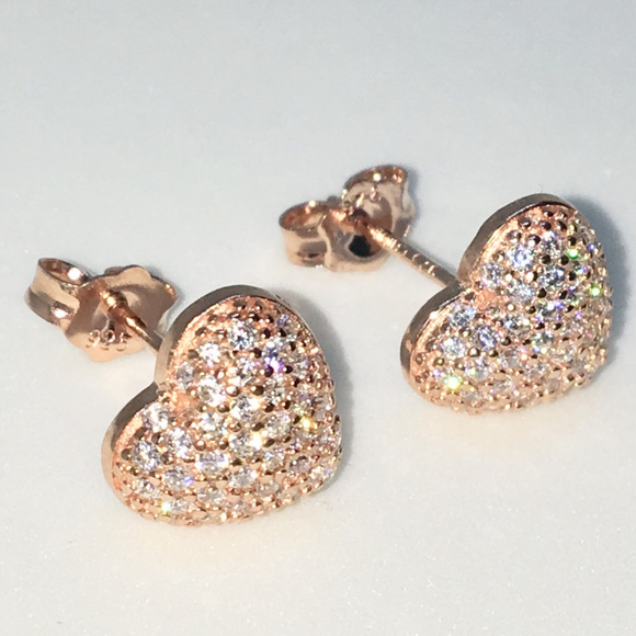 Pink Gold Big Heart White CZ Studs Earrings